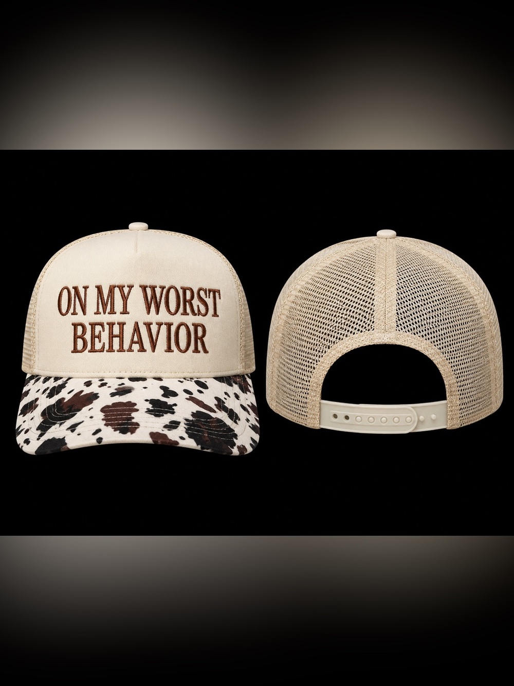 🆕 On My Worst Behavior Cow Print Trucker Hat Cream Brown Snapback - Picture 3 of 3